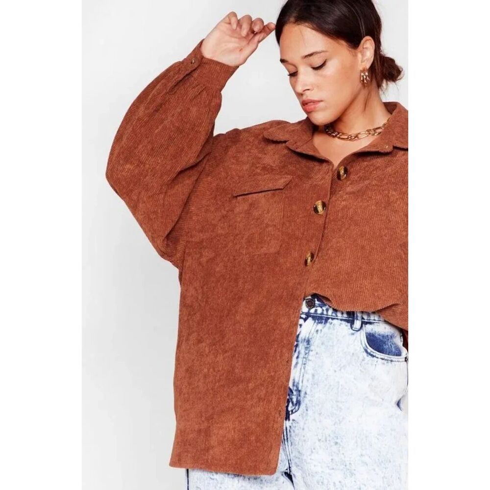 Nasty Gal Oversized Corduroy Shirt Rust Brown Oversized Shacket Button Up size 6